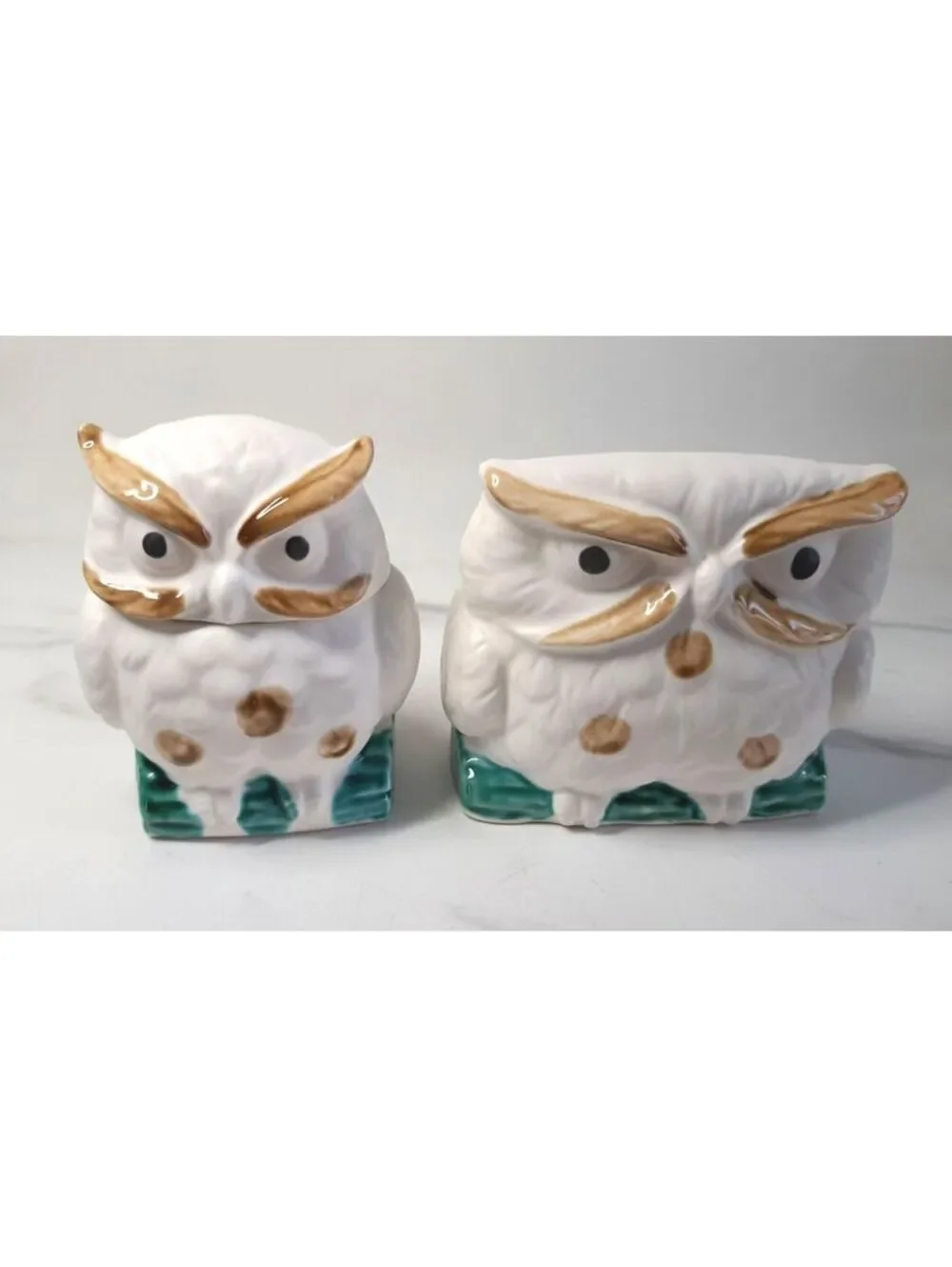 Vintage Set of Enesco Japanese Owls White Ceramic Condiment Bowl & Napkin Holder